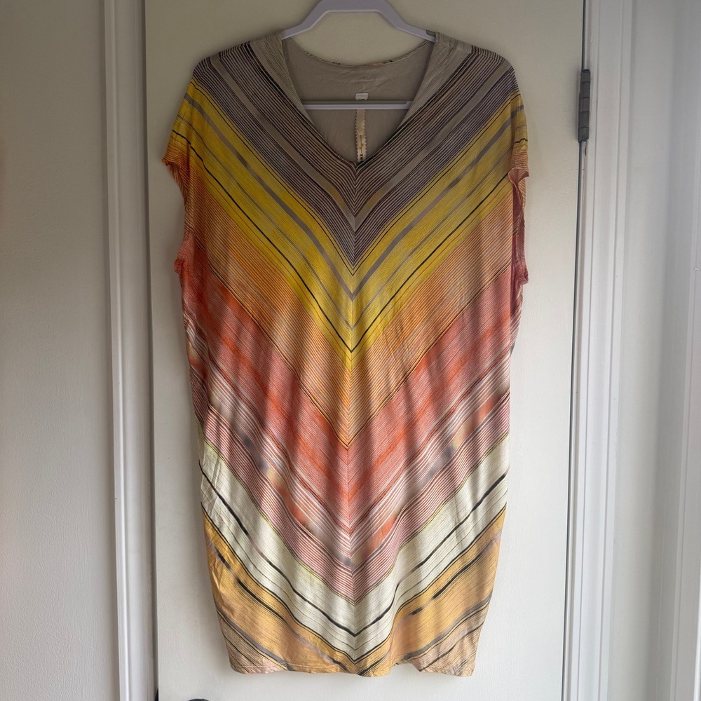 Uncle Frank Sunset Chevron Stripe V-Neck Tunic Mini Dress Orange Yellow XS 75061